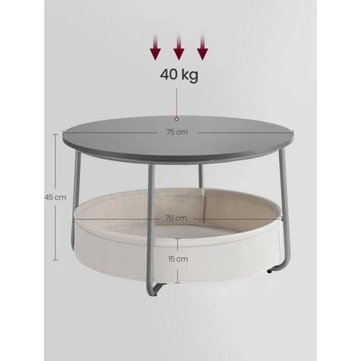VASAGLE Couchtisch oval, Tisch mit Stauraum, Beistelltisch, Wohnzimmertisch mit Korb aus Stoff, modern, Metallrahmen, zementgrau – Bild 4