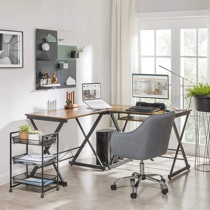 Vasagle Schreibtisch, großer Computertisch, L-förmiger Eckschreibtisch, Bürotisch, PC-Tisch, Homeoffice, Büro, platzsparend, einfache Montage, 150 x 138 x 75 cm, vintagebraun-schwarz LCD402B01 – Bild 1