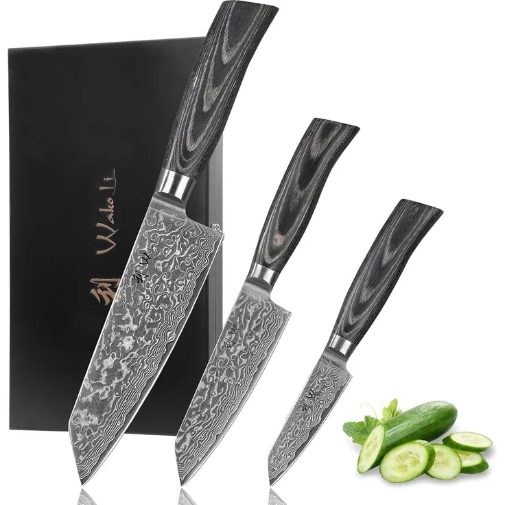 Wakoli Messer-Set Ebo 3er Damastmesser Set Küchenmesser Kochmesser 9 bis 18cm Klingen (Damastmesser mit Geschenkbox, 1-tlg, 1x 3er Damastmesser-Set), aus 67 Lagen Damaststahl, VG10 Kern
