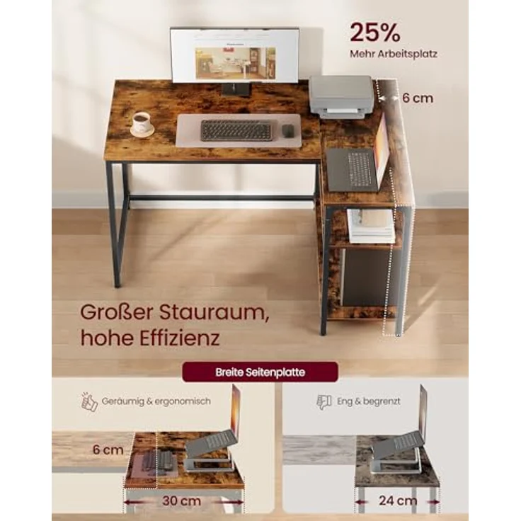 VASAGLE Eckschreibtisch in L-Form, Computertisch mit Stauraum, Bürotisch, höhenverstellbare Ablage, für Homeoffice, 110 x 80 cm, vintagebraun LWD135KD01 – Bild 5