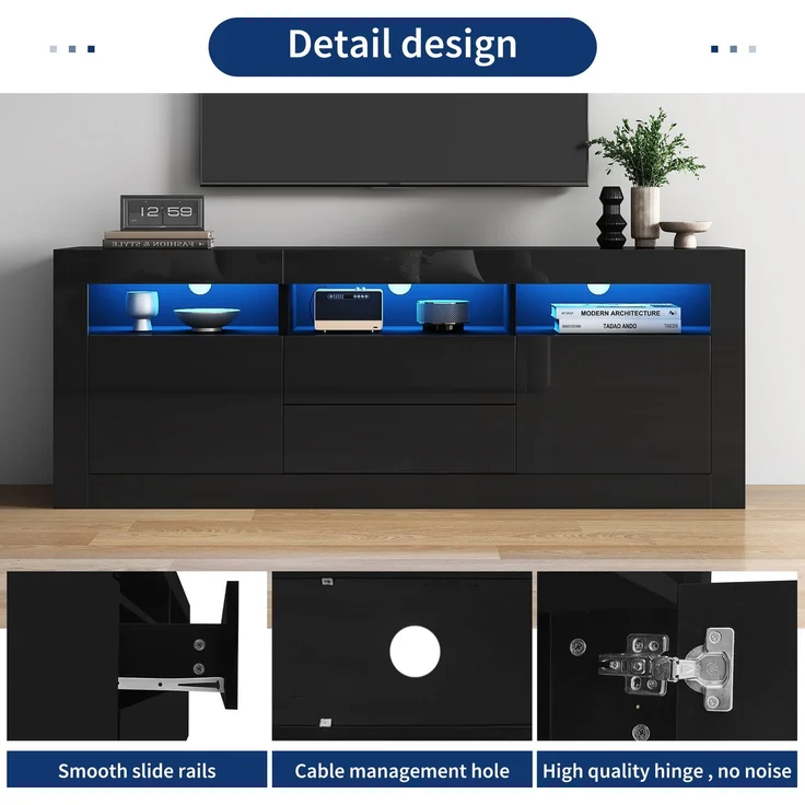 Merax 160*35*60cm Hochglanz-TV-Schrank mit LED-Beleuchtung, 3 offenen Fächern, 2 Türen, 2 Schubladen, Smart App Steuerung, für 70-Zoll-Fernseher, Hochglanz-TV-Ständer, Schwarz – Bild 6