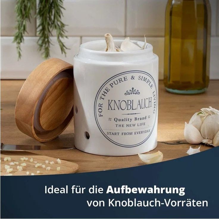 KHG Knoblauchtopf Keramik Steingut für 250g Knoblauchknollen, Knoblauch Aufbewahrung in Weiß, Holzdeckel Bambus, glasiert mit Emaille, Knoblauchdose rund, Lüftungslöcher, Landhaus Küche – Bild 1
