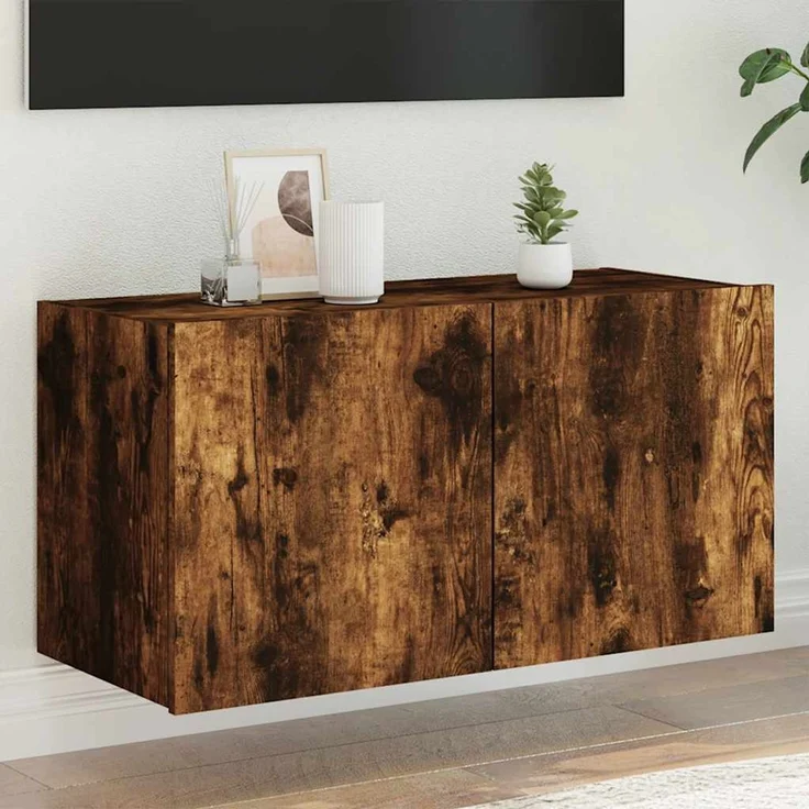 TV-Wandschrank, Fernsehschrank mit LED-Leuchten Räuchereiche 80 x 35 x 41 cm – Bild 1