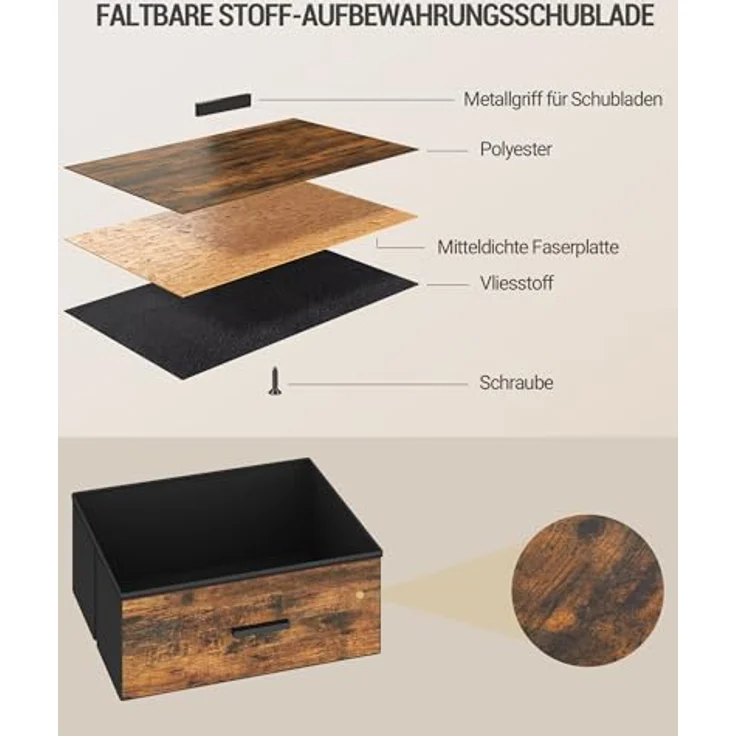 Nachttisch mit LED-Leuchten und ladefunktion, Beistelltisch mit 2 Stoff-Schubladen mit USB-Anschlüssen & Steckdosen, für Schlafzimmer, Wohnzimmer, Vintage Braun-Schwarz – Bild 8