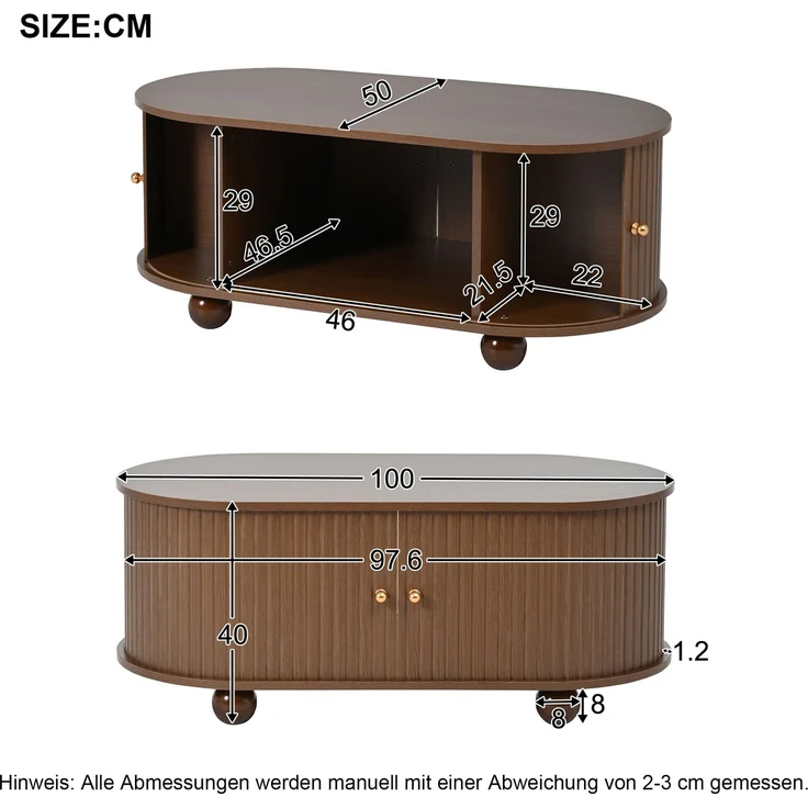 Ovaler Couchtisch aus MDF mit Stauraum und Schiebetür, 100x50x40 cm, Walnuss – Bild 4