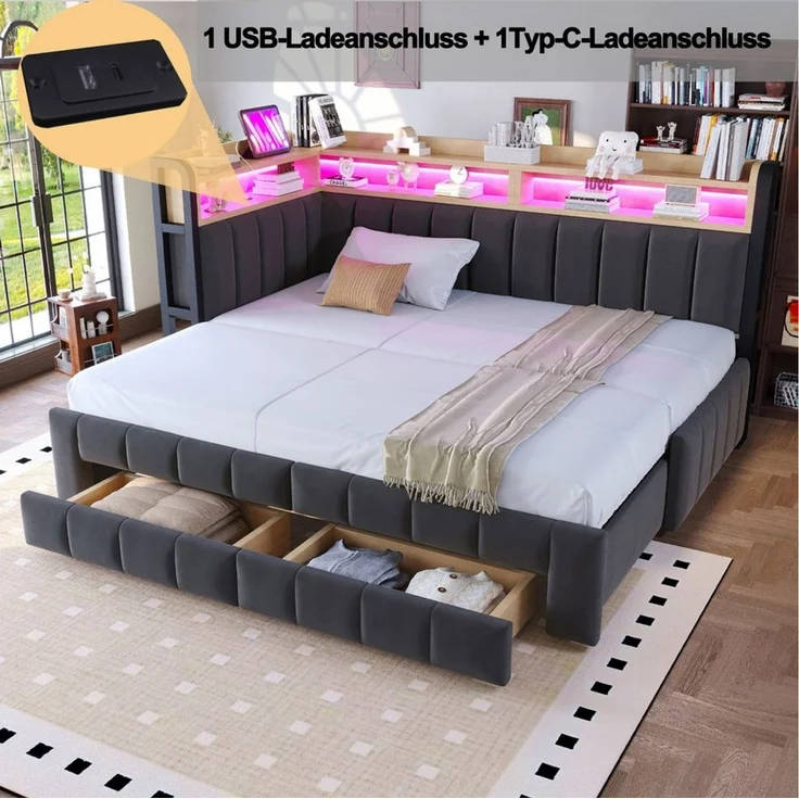 Celya Polsterbett Schlafsofa 90/180 × 200 cm Mit Ausziehbarem Bettteil und Schubladen (ohne Matratze, Mit LED-Beleuchtung, USB- und Typ-C-Anschlüssen), Mit Ablage und Staufächern, Samtstoff – Bild 4