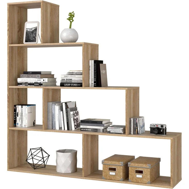 Habitdesign, Bücherregal – dekoratives Regal mit Hochglanz-Finish in kanadischer Eiche, ideal für Wohnzimmer, Büro oder Esszimmer, Maße: 145 x 145 x 29 cm (B x H x T), Modell Klum