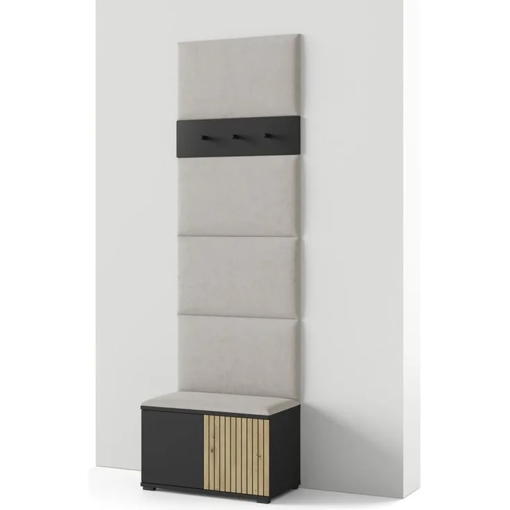Garderoben-Set Rosario Version 6 mit Lamellen, mit Polsterplatten und Schuhschrank (Schwarz / Eiche Artisan, Trinity 01), 225 x 40 x 70 cm