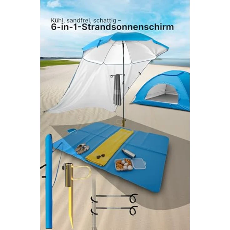 4smile Sonnenschirm Strand 6er-Set Blau – UV50+-Schutz, Ø 180 cm, mit großer Stranddecke (2 x 2 m), 2 x 1,5 m Strandmuschel, Sonnensegel Strand, Rasendorn für Sonnenschirm & robuster Schirmhülle – Bild 2