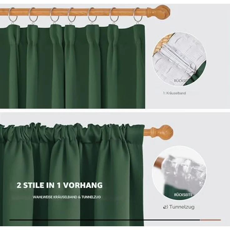Deconovo Blickdichte Gardinen mit Kräuselband Vorhänge gegen Hitze Waldgrün | 2er Set, H 260 x B 140 cm, Thermovorhänge, Wohnzimmer und Schlafzimmer Gardinen, für Thermal Curtains, Sichtschutz – Bild 5