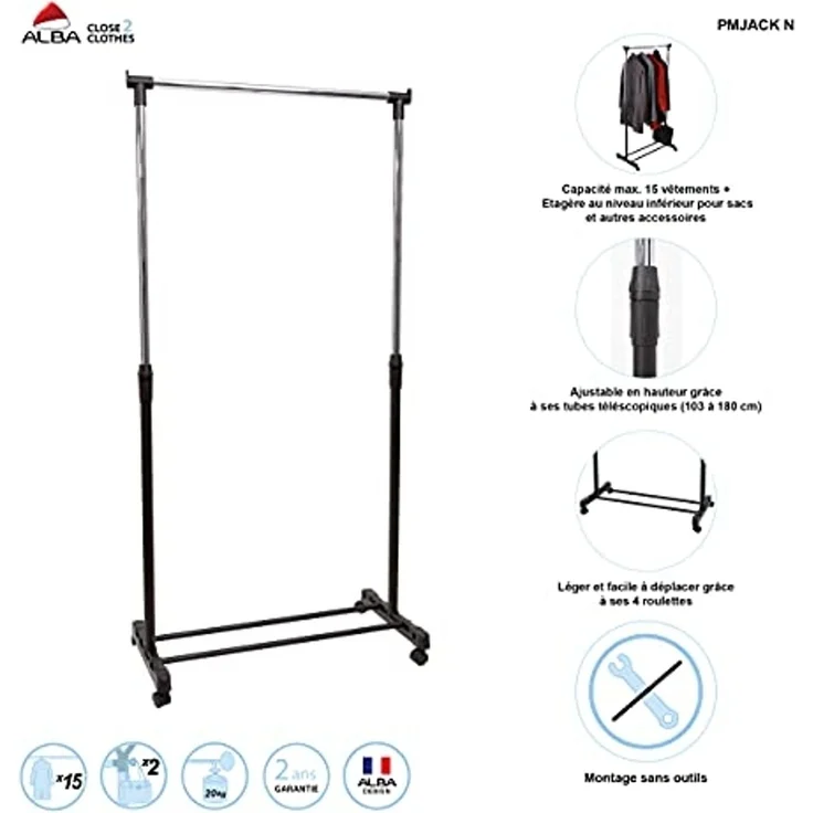 Alba Reihengarderobe Jack BxHxT 82x160-180x42cm mobil mit 4 Rollen sch – Bild 7