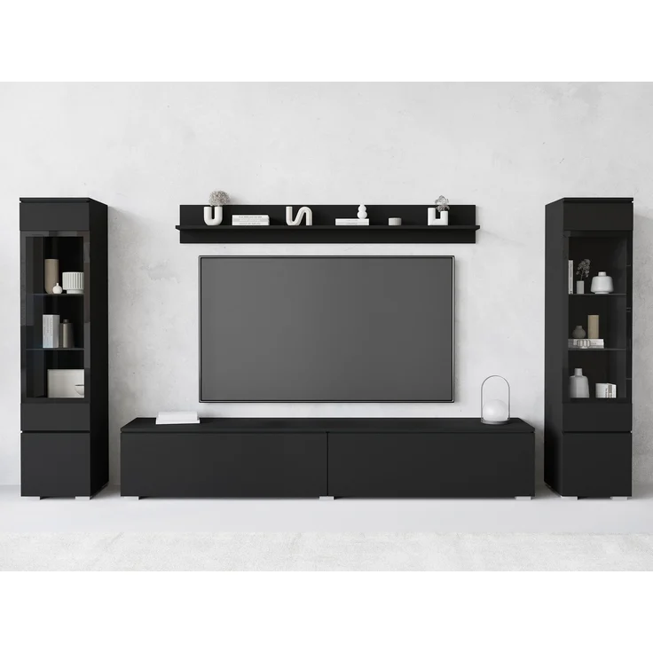Wohnwand Doppo II, Wandregal, TV-Lowboard, 2x Hängevitrine, LED Beleuchtung (Farbe: Schwarzer Graphit) – Bild 5