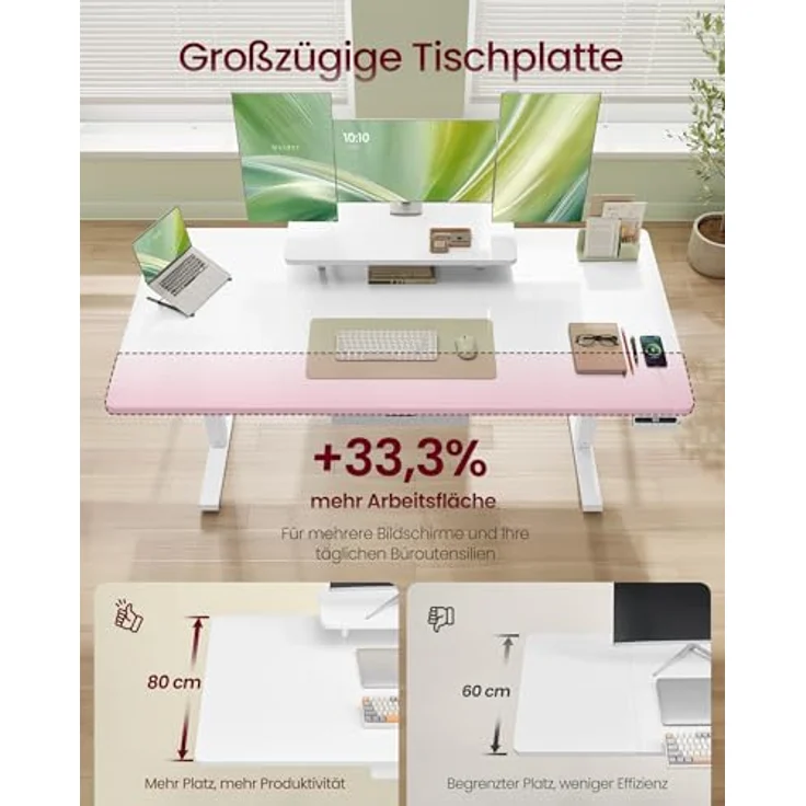 VASAGLE Höhenverstellbarer Schreibtisch, 160x80 cm, flexibel montierbarer Monitorständer, Schublade, USB-C-Anschluss, Erinnerung bei langem Sitzen, für Büro, wolkenweiß LSD156WB01 – Bild 4
