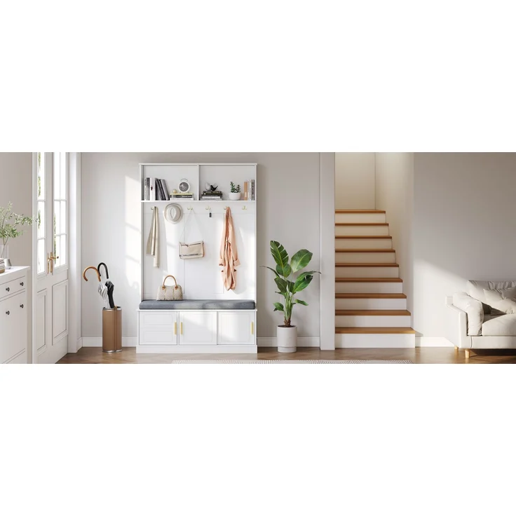 Garderobenständer mit Schuhbank, Garderobe, 6 Dreifach-Haken,freistehend, platzsparend, für Eingangsbereich,Flur, Weiß, 120×40×191cm--Weiß--120x40x191cm--YOUDENOVA – Bild 6