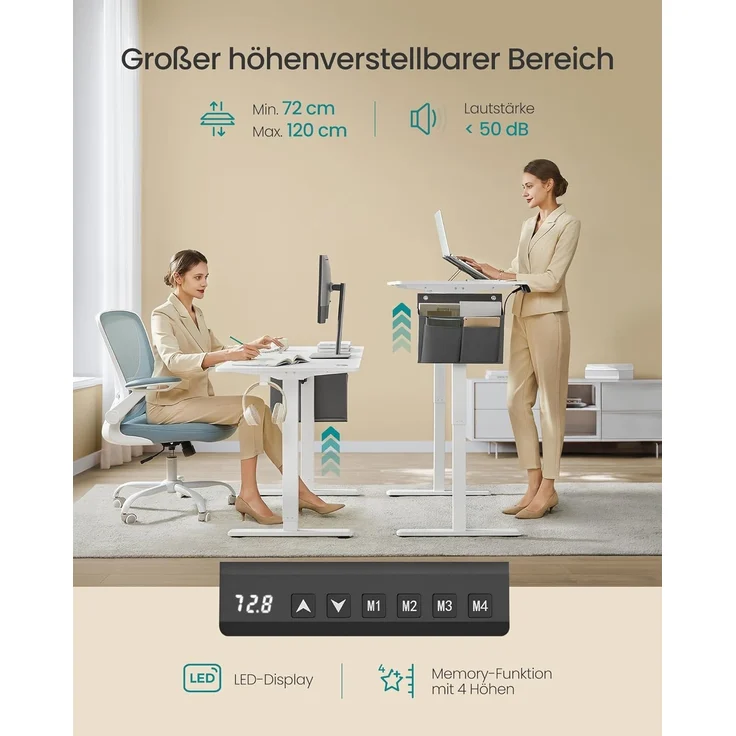 Songmics Höhenverstellbarer Schreibtisch elektrisch, 60x140 x (72-120) cm, Verstellbarer Tisch, Memory-Funktion für 4 Höhen, für Homeoffice, Arbeitszimmer, wolkenweiß LSD134W01 – Bild 4