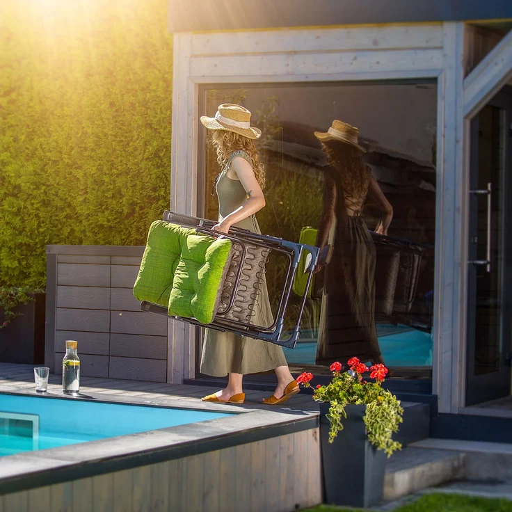 KADAX Gartensessel mit einstellbarer Rücklehne, Relaxstuhl aus pulverbeschichteter Stahlkonstruktion, Klappsessel mit Tragfähigkeit bis 110kg, Gartenliege mit Kissen – Bild 8