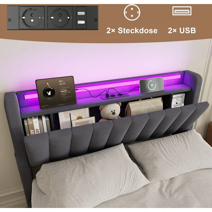 Polsterbett 140 x 190 cm aus Samt mit integriertem Stauraum, USB-Anschluss und LED-Beleuchtung, Dunkelgrau – Bild 9