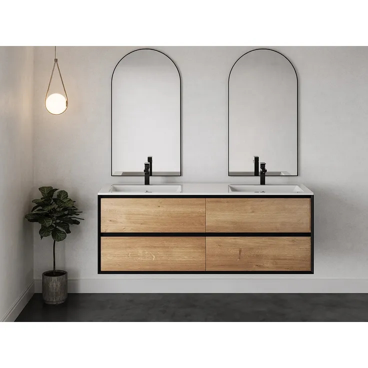 Vente-unique - Waschbeckenunterschrank hängend mit Einbauwaschbecken - Holzfarben hell & Schwarz - 150 cm - LANNICK