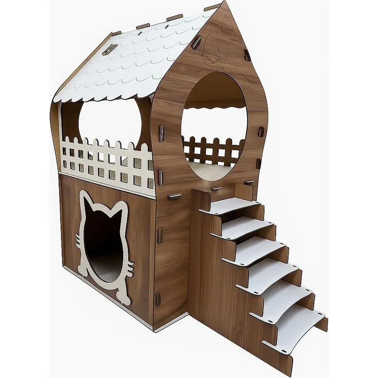 Jungengel Tierhaus Zweistöckiges Katzenhaus aus MDF – Braun & Weiß – in XL, XXL, 3XL, Werkzeugloser Aufbau, Zweistöckig, Balkon mit Rundfenster