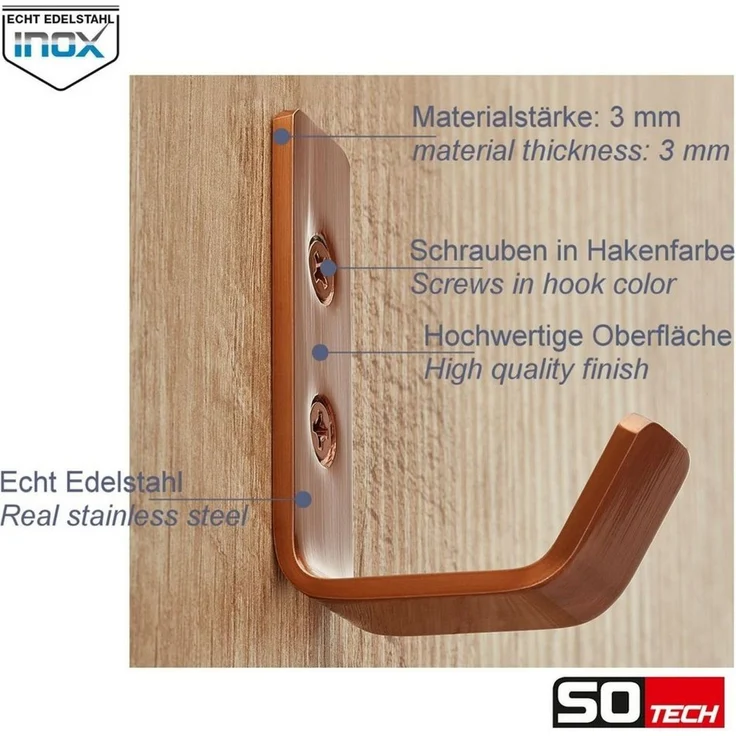 SO-TECH® Kleiderhaken doppelter Wandhaken, Edelstahl, 142 x 20 x 45 mm, (1-St), großer Jackenhaken mit abgerundeten Kanten orange – Bild 3
