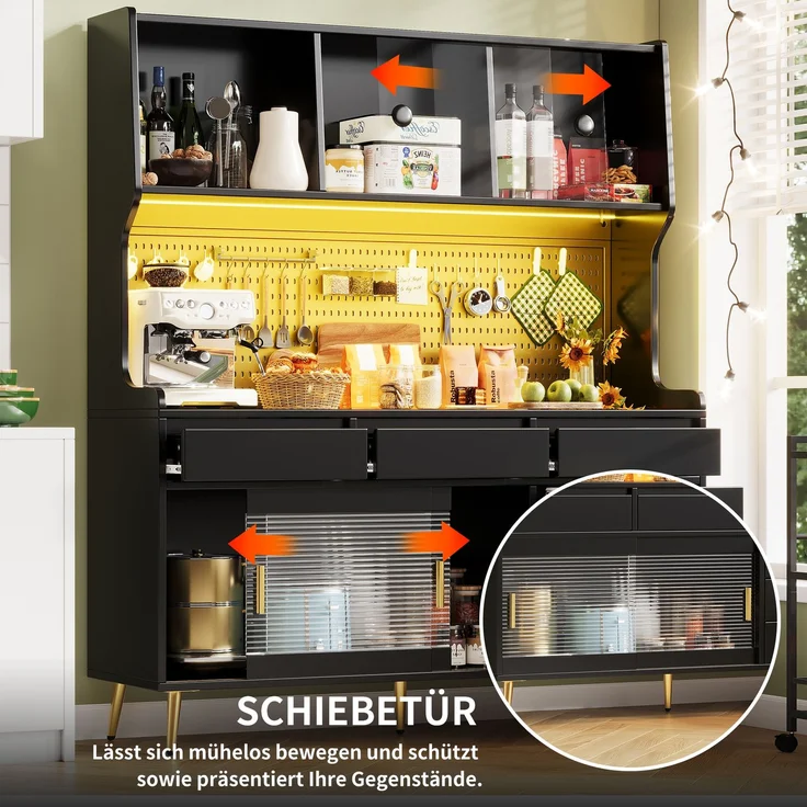 ZUBALIYA LED-Küchenschrank 145x39x171 cm, mit App-Steuerung, mit Stauraum, MDF/Glas, Schwarz – Bild 8