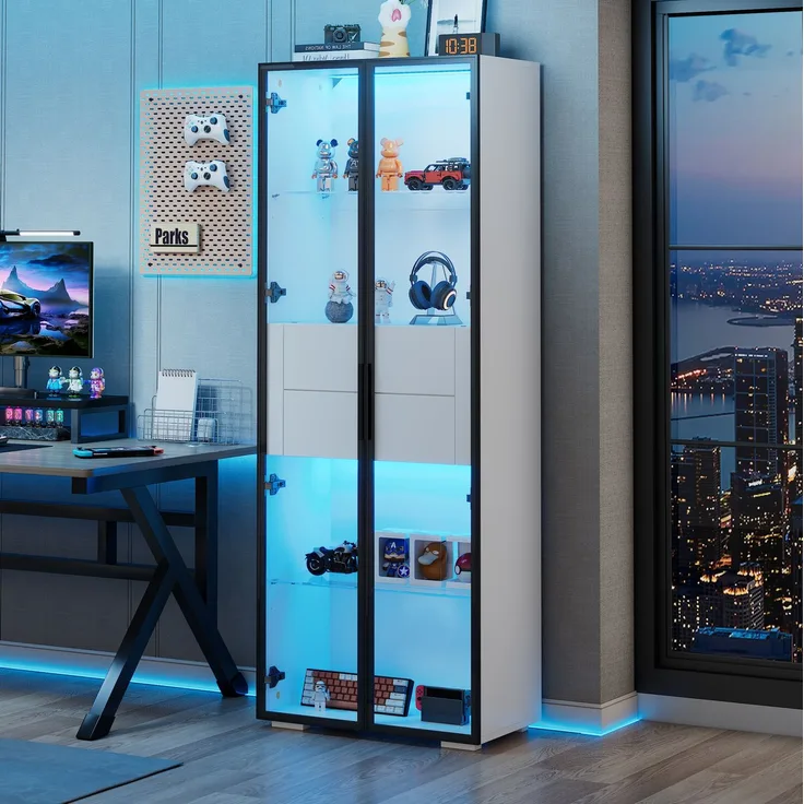 DESVIAE Vitrine mit LED-Beleuchtung und 2 Schubladen 60x160x40 cm MDF/Hartglas Weiß/Schwarz