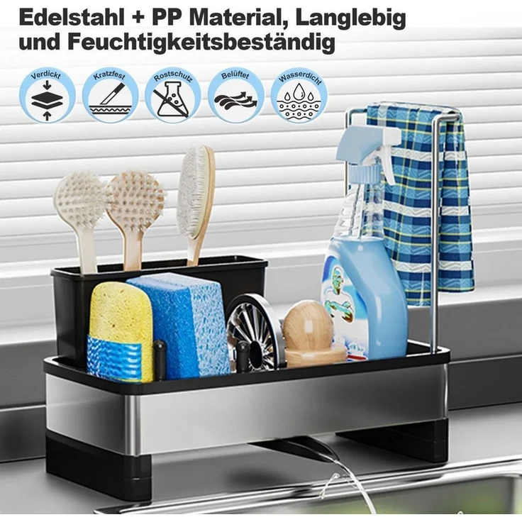 BlingBin Küchenorganizer-Set Spülbecken-Organizer Schwammhalter mit Automatischer Entwässerung, (360° Drehbar Abflussrohr, 1-tlg, 24.5*12.5*21.5CM), Aufbewahrung für Bürsten, Spülmittel, Küchenutensilien – Bild 3