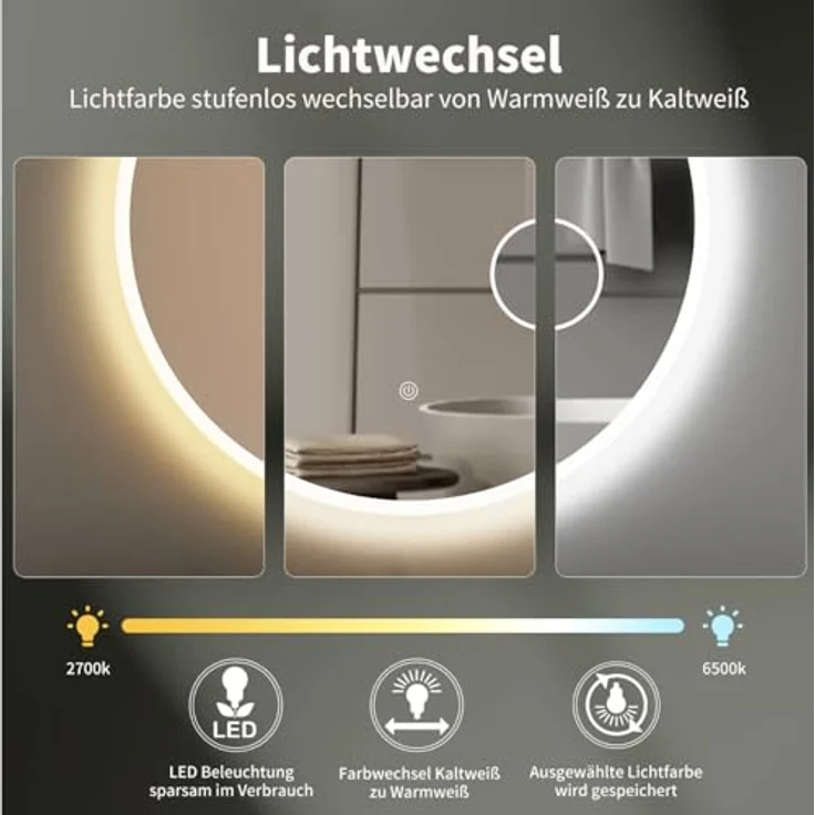 HOKO Runder LED Badspiegel 80cm Hamburg, Designspiegel mit 3-fach Kosmetikspiegel, Touch Schalter, LED Lichtwechsel - Warmweiß - Kaltweiß - Neutral – Bild 4