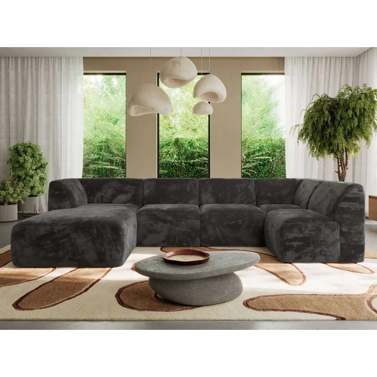 Modulares XXL-Ecksofa MODARO 5M, U-Form, Wohnlandschaft, 5-teilig, freistehend, Wohnzimmer Couch, HR-Schaumstoff - Dunkelgrau Plüsch - Links – Bild 5