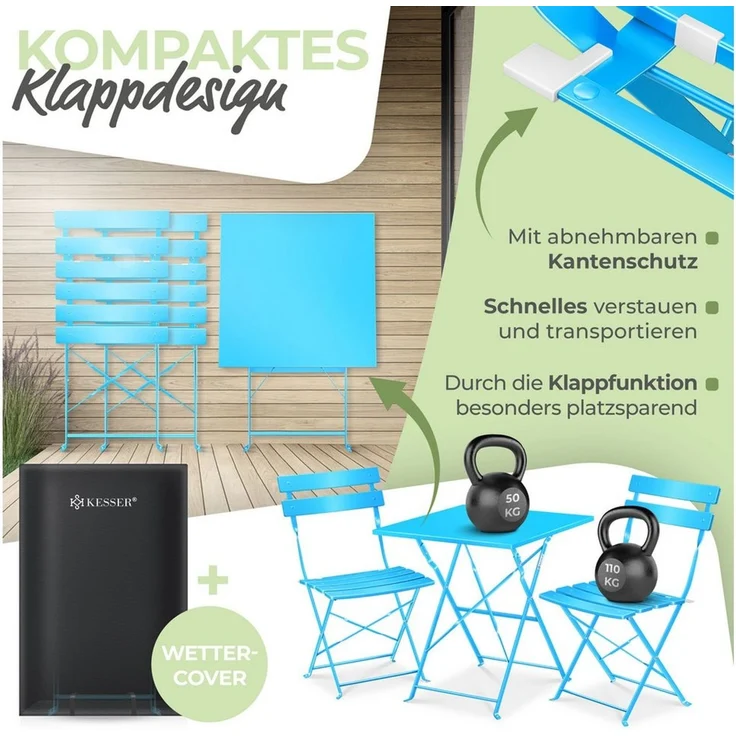 KESSER® Bistroset 3-teilig mit Bistrotisch & 2 Klappbaren Stühlen | Gartenmöbel-Set Outdoor Sitzgruppe | UV & wetterbeständig Gartentisch | Balkonset bestehend aus Klapptisch & 2x Klappstühlen & Cover Hellblau – Bild 3