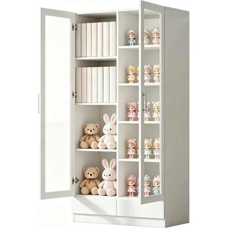 Vitrinenschrank 80 x 40 x 160 cm mit Glastüren, Schublade und versetzten Fächern – Weiß – Bild 6