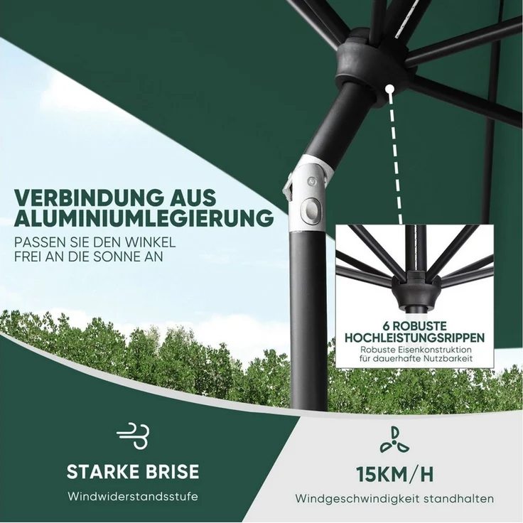 Sekey Sonnenschirm mit Kurbel und UV50+, knickbar, Aluminium grün, 210 × 140 cm – Bild 3