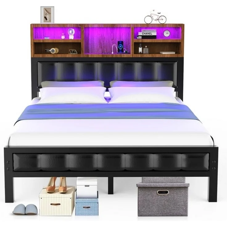 oyajia Polsterbett Doppelbett mit LED Licht 140x200cm,Stauraumkopfteil (Mit Lattenrost und Ladefunktion,PU-Leder material Polsterbett), Modernes Jugendbett, Leises Design Bett, Max. Belastbarkeit 200/272 kg – Bild 4