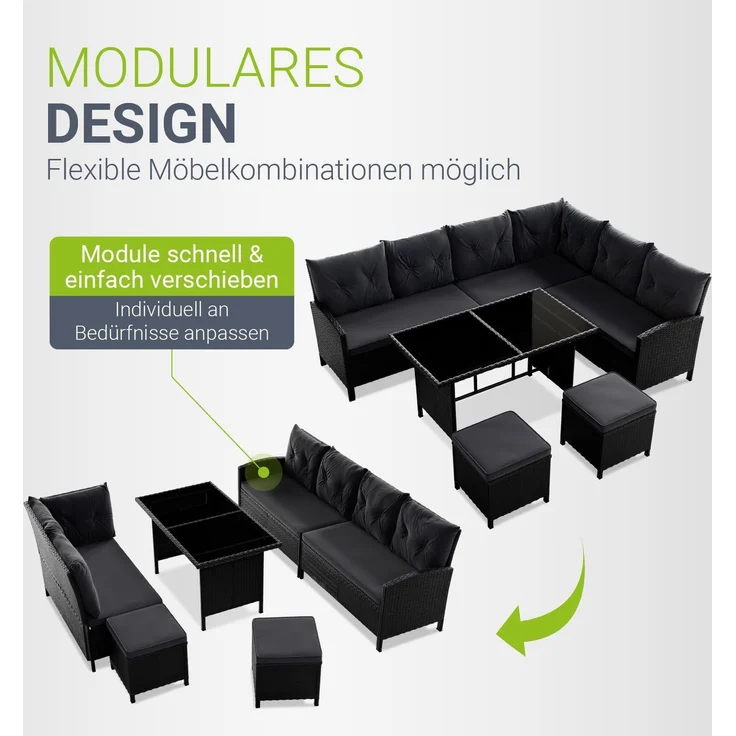 Juskys 'Manacor' Lounge mit Sofa, Tisch, 2 Hocker & Kissen, Polyrattan schwarz-grau, 7 Personen – Bild 6