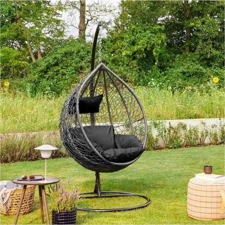 HOME DELUXE Hängesessel CIELO (Inklusive Gestell, Sitz-, Seiten- und Rückenkissen), 123 x 200 cm, Polyrattan, Rattansessel, Outdoor Schwebeliege – Bild 1