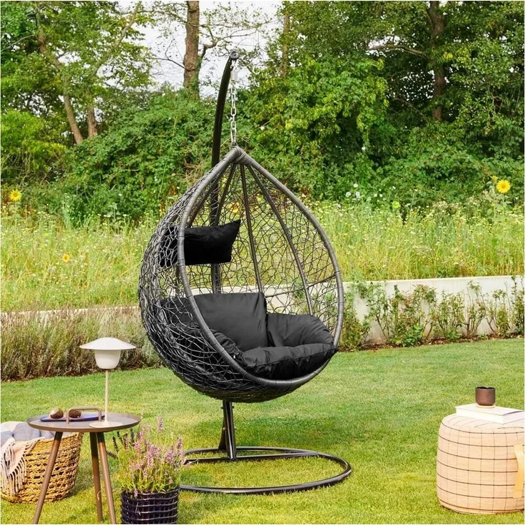 HOME DELUXE Hängesessel CIELO (Inklusive Gestell, Sitz-, Seiten- und Rückenkissen), 123 x 200 cm, Polyrattan, Rattansessel, Outdoor Schwebeliege