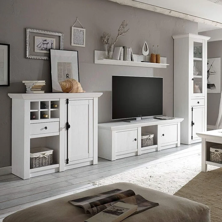 Lomadox Wohnwand WINGST-61, (3-St), Wohnzimmer im Landhaus-Stil Pinie weiß Nb. inkl. LED 340x207x45cm – Bild 1