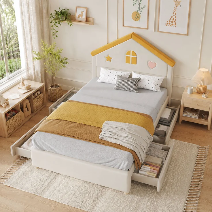 Merax Kinderbett, 140x200 cm, Polsterbett, mit 4 Schubladen, Stauraumbett, Jugendbett mit französischem Samt, gepolstertes Bett mit Haus-Kopfteil, Beige – Bild 6