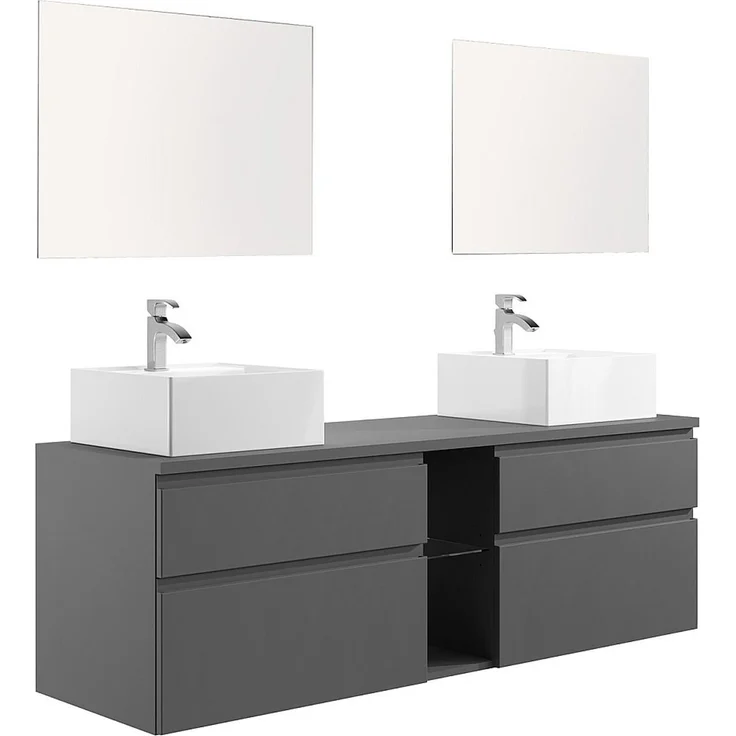 Vente-unique - Waschbeckenunterschrank hängend mit Doppelwaschbecken und Spiegeln - Grau - 150 cm - MAGDALENA II – Bild 4