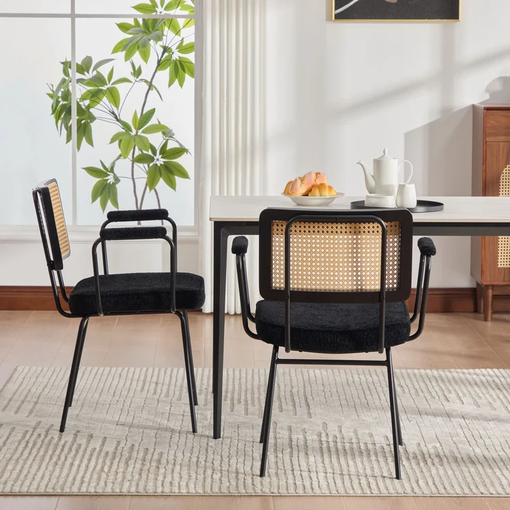 LVHOM 2er Set Armlehnenstuhl aus Chenille & Massivholz, Esszimmerstuhl mit Rattan-Optik, Polsterstuhl mit Metallbeinen, Schwarz – Bild 8