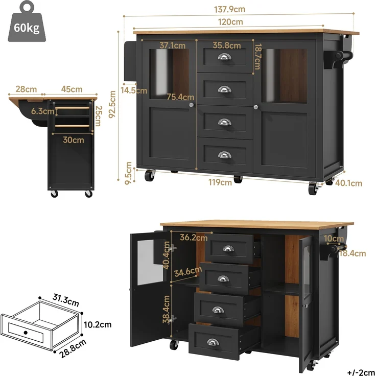 Multifunktionale Kücheninsel Schwarz 137,9×73×92,5 cm, Klapptisch, 4 Schubladen, Glastüren, Handtuch- & Gewürzregale, 92.5cmx137.9cmx45-73cm – Bild 6