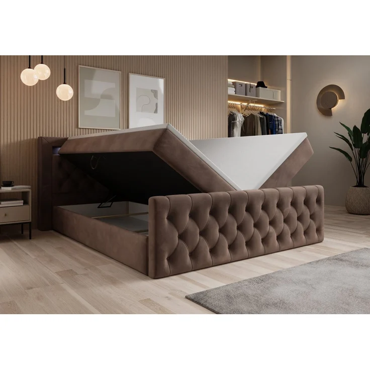 thematys Boxbett LED mit Bettkasten 200x200cm, mit Bonnellfederkernmatratze H3, Bouclé/Velours, mit Stauraum, mit 3 cm Topper, Taupe (Velutto 29), Art.-Nr. S04JN0YR5DJ – Bild 2