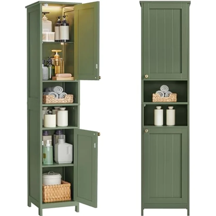 VASAGLE Badezimmerschrank mit Beleuchtung, hoch, schlanker Badschrank, Aufbewahrungsschrank mit verstellbaren Ablagen, für kleine Räume, modern, 40 cm breit, waldgrün BBC766CH03 – Bild 1
