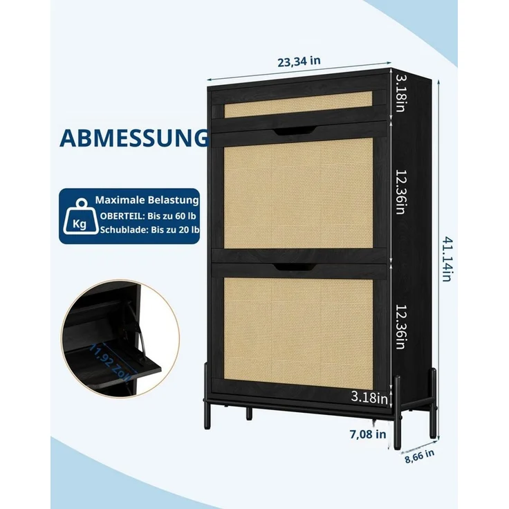GarveeMore Schuhschrank mit 2 Schubladen, Rattan-Optik, verstellbare Böden, Kippschutz 60 x 20 x 105 cm, schwarz/weiß/natur – Bild 4