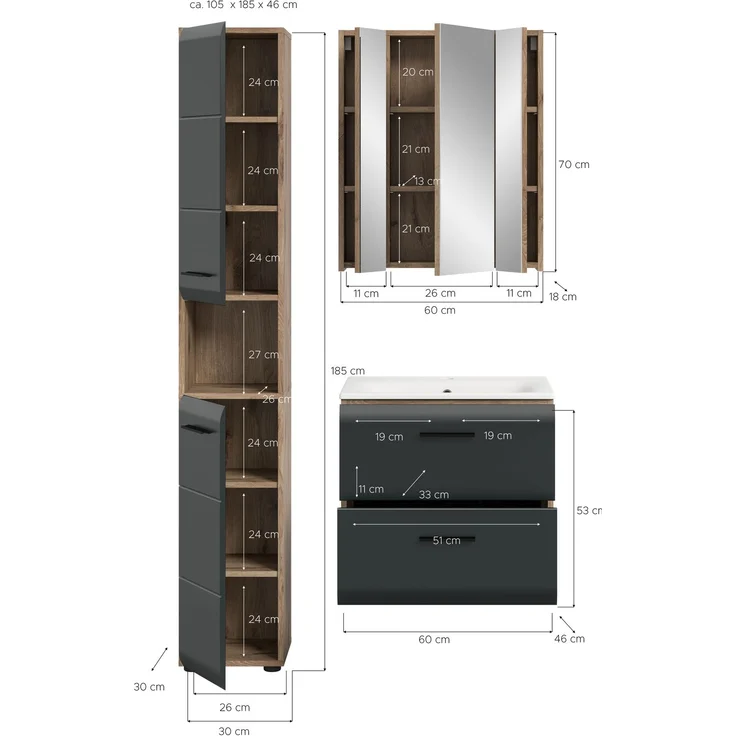 Badkombination (B/H/T: 105x185x46 cm) in schwarz matt und Nox Oak Nachbildung – Bild 4