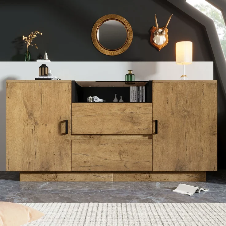 Merax Kommode Sideboard mit 2 Schubladen + 2 Schränken (innen höhenverstellbar) & offenem Fach - ESG-Glas & schwarze Griffe, H70/B140/T40 cm – Bild 2