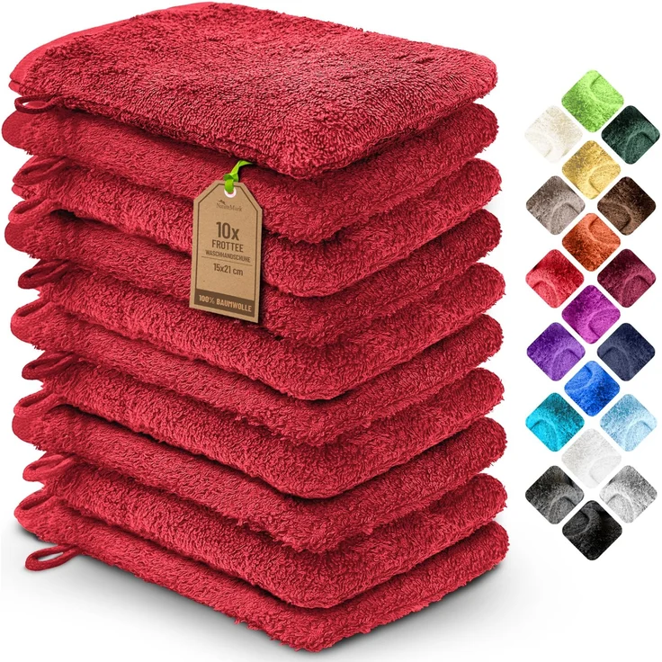 NatureMark 10x Waschhandschuhe aus Frottee 100% Baumwolle – Weich und Robust, Ideal für die tägliche Pflege und Gäste – Rot, 15x21 cm