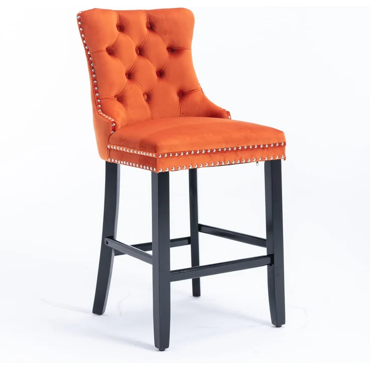 Contemporary Velvet Upholstered Barstools with Button Tufted Decoration and Wooden Legs, and Chrome Nailhead Trim, Leisure Style Bar Chairs,Bar stools, Set of 2 (Orange),DE2002OG--Orange--60x50x103cm--YOUDENOVA – Bild 3