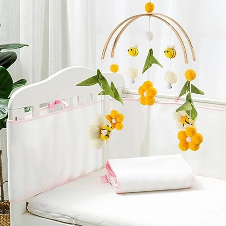 Herfair Mobile Baby Windspiele mit Filzbällen - Frische Blumen und Bienen, Kinderzimmer Hängende Bettglocke, für Babybett Wickeltisch Deko (Gelb) – Bild 3