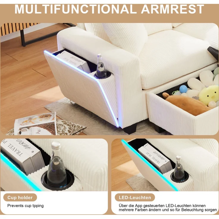 Cord-Sofa mit 2 Stauraumhockern, Leselampe, Klappkonsole, App-LED und USB-C, U-förmige Lounge-Couch mit Getränkehalter, Beige – Bild 7